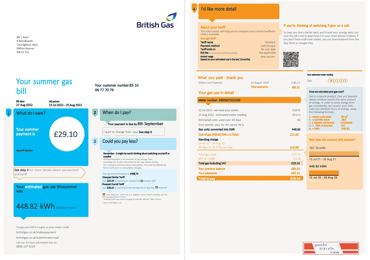 United Kingdom British Gas utility bill, Word and PDF template, 4 pages 1 2
